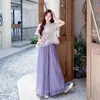 Shanlida Didi Estilo Nacional Chinês Nova Estampa Blusa Conjunto de Duas Peças Manga Curta Roxo Calça Casual de Perna Larga Suit de Verão