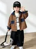 Jaqueta Jeans Color Block Masculina para Primavera e Outono, Estilo Coreano, Jaqueta Estilosa e Descolada para Crianças, Cardigã Casual para Meninos Jovens, Comércio Exterior