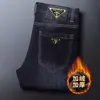 Jeans masculino de alta qualidade, marca internacional italiana, corte slim fit reto, forrado com lã para o inverno, espessado, lavado, calça casual e versátil