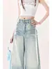 Pantalones de mezclilla azul claro estilo vintage para mujer, nueva colección de verano, corte holgado, pierna recta, diseño de pierna ancha, efecto adelgazante, versátiles y de largo completo.