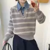 Suéter de malha com gola de ganga listrada color-block falso duas peças para mulheres, novo top de malha casual para outono e inverno para mulheres