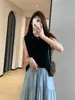 Elegante chaleco de punto sin mangas en capas de Tencel-lino con abertura trasera y botones de concha para mujer, nuevo modelo 2026