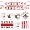 Set de fiesta navideña: platos de papel desechables, vasos de papel, mantel, banderines y decoraciones para fiestas