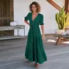 Vestidos Populares Europeus e Americanos Transfronteiriços, Roupas Femininas de Alto Padrão, Vestido Longo de Renda com Botões e Cadarço em V, Vestido Elegante e Sofisticado Estilo Francês