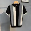 Suéter de punto de manga corta con cuello de solapa a rayas de seda helada, nuevo de verano para hombre, moda juvenil, marca moderna, top casual versátil, moderno