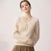Suéter Feminino 100% Caxemira Pura Gola V com Três Botões Simples para o Dia a Dia Manga Longa Gola Meio Aberta Pulôver Suéter Macio de Tricô