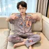 Pijama Infantil para Meninas e Meninos de Primavera e Outono, Manga Curta e Calça Longa, Roupa de Casa com Desenhos Animados para Crianças Maiores