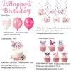 Decoraciones para fiesta de cumpleaños de mariposas rosas, fondo de forma irregular, banderines de cuerda, decoraciones colgantes en espiral, globos, adornos para pastel y arreglos