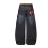 Oso Mágico Estilo Callejero Americano de Moda Marca Tendencia Cinturilla Estampado de Leopardo Jeans Únicos Pantalones de Pierna Recta Corte Curvo Pantalones Anchos Sueltos