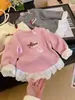 Top de Forro Polar Integrado de Doble Cara con Ribete de Encaje para Niños, Ropa Interior para Niñas, Cuello Redondo, Acabado Suave, Mangas Largas