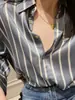 Camisa Retro Francesa Holgada Tono Perezoso Pesada Suave Cera Arena Crepé Satén Seda Rayas Verticales Clásicas