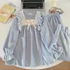 Pijama de Franela para Mujer Otoño e Invierno Encaje Cuello Cuadrado Lazo Cálido Nuevo Pantalón de Manga Larga Conjunto para Estar en Casa