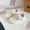 Mocasines originales coreanos para mujer con diseño de gato patchwork blanco y rosa, zapatillas de skate de nicho retro, zapatillas deportivas de suela gruesa B3806