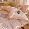 Juego de Cama de Cuatro Piezas Estilo Princesa de Dibujos Animados Algodón Lavado Corazón de Niña Sábanas Funda Nórdica Juego de Cama de Tres Piezas para Dormitorio de Estudiante 4