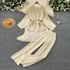 Conjunto de tricô estilo preguiçoso com amarração na cintura e calça pantalona para mulheres, outono, emagrecedor, conjunto de duas peças solto e casual para o trabalho