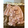 Elegante conjunto de pijama floral estilo francês com mangas bufantes curtas para mulheres, conjunto de roupa de casa para verão com mangas compridas e calças compridas, adequado para sair