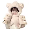 Set de Tres Piezas para Niños y Bebés: Gorro de Oso para Padres e Hijos, Bufanda Integrada, Grueso, Lindo, de Felpa, Bufanda, Guantes