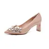 Salto Alto Preto Bico Fino com Strass para Mulheres 2026 Primavera Novo Elegante Salto Bloco Confortável Não Cansativo Sapatos de Salto