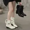 Botines Vaqueros Occidentales Desgastados para Mujer Otoño/Invierno Nuevos Retro Caña Media Ancha Tacón Alto Grueso Moldeadores Botas de Jinete Fruncidas