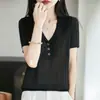 Top de tricô de linho gelado de manga curta com gola pequena estilo coreano para mulheres, polo emagrecedor e versátil, fino de verão 2026