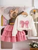 Novo Conjunto de Duas Peças Estilo Princesa Europeia e Americana para Meninas da Amazon: Blusa de Manga Longa com Laço e Saia de Bolo