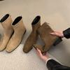 Botines coreanos de ante con tacón grueso y forro polar a juego para otoño e invierno 2024, nuevos zapatos de mujer, botas finas, botas cortas estilo occidental