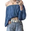 Top Corto Azul de Lunares Off-Shoulder Dulce y Picante, Holgado de Estilo Burbuja que Favorece la Figura, Revela la Cintura y es Adelgazante para Chicas Petite, Versátil