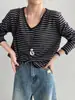 Suéter de Tricô Solto com Gola V Estilo Coreano Lazy para Primavera, Blusa Listrada Versátil e Emagrecedora Y1493