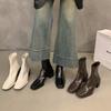 Botas Cortas Elegantes de Marca Retro con Tacón Grueso, Empalme Delgado para Mujer, Otoño e Invierno, Nuevas, Punta Cuadrada Blanca, Cremallera Trasera, Tacón Alto, Botas Elásticas