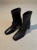 2025 Nuevas Botas de Media Tacón Cuadrado Delgadas para Mujer Otoño e Invierno Botas Cortas Retro con Cremallera Trasera de Tacón Alto Grueso Botas de Moda