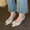 Nuevos Zapatos de Tacón Alto de Princesa con Lazo de Pedrería, Satén, Tacón Grueso Francés y Cadena de Perlas para Mujer, Primavera y Verano 2024