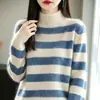 Novo top casual quente de outono e inverno, em lã pura, com sete pontos, espessado, listrado, gola alta, cor contrastante, listras largas, para mulheres
