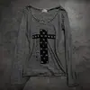 Camiseta de Rayas Transfronteriza Estilo Nuevo Patrón Cruzado Cuello Redondo Manga Larga Negro y Blanco Estilo Oscuro Punk Ajuste Delgado Estilo Ins Top Versátil