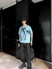 Camisa de Manga Corta Azul de Moda para Hombre Estilo Coreano Cool y Guapo Cuello Cubano Estampado Original Estilo Vacacional de Moda para Hombre Verano 2025