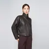 2026 Nueva Chaqueta de Cuero Corta Estilo Biker Haining Genuino con Cuello Alto para Mujer, Corte Holgado, Adelgazante, Abrigo de Cuero Negro, de Moda