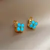 Brincos Exquisitos de Turquesa Trevo de Quatro Folhas, Brincos Geométricos Elegantes e de Alto Padrão com Cristal Azul, Brincos Simples e Personalizados para Mulheres