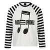 Blusa raglan de manga comprida listrada em preto e branco Estilo retrô americano desgastado notas musicais que rejuvenesce gola redonda unissex casual camada base camiseta