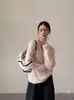 Textura tipo nuvem26 Suéter de Tricô com Decote V de Manga Longa em Lã e Cashmere Atmosférico Outono/Inverno para Mulheres, Pulôver Liso