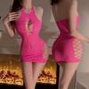 Lencería Sexy Transfronteriza Tallas Grandes Vestido de Malla Pura Pasión Europeo y Americano con Pechos al Descubierto, Cuello Halter Cruzado, Falda Sexy Ajustada a la Cadera, Atuendo para Discoteca