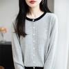 Cárdigan de punto de lana fina de cuello redondo nuevo de principios de otoño 2025 para mujer, de manga larga, con bloques de color, holgado y versátil