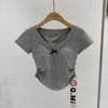 Camiseta de Manga Corta con Lazo Ajustada Ajustada Espalda Descubierta Cuello en V Combinable Moda Nicho Ins Chica Picante Pura Top Sexy