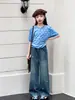 Calça jeans de novo estilo outonal para meninas mais velhas, roupas infantis, jeans estiloso e versátil com miçangas para meninas