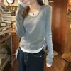 Tiro real Primavera estilo coreano temperamento bloques de color cuello en U falso dos piezas diseño de cordón sentido de diseño top de punto ropa de mujer 26395