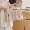 Conjunto estiloso de tricô com renda para meninas, outono, cardigã rosa suave estilo coreano com calça de perna larga de bolinhas, conjunto de duas peças para bebês