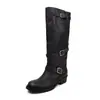 Hebilla de cinturón de cuero estilo europeo, cuero de grano completo, pierna ancha, botas de montar, colección de invierno 2026, tacón medio grueso, punta redonda, cuero genuino, caña alta, botas largas para mujer
