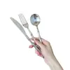 Cuchillo y Tenedor de Acero Inoxidable 304 con Mango de Bambú, Cubiertos Occidentales Creativos Estilo Hotel, Juego Doméstico de Cuchillo, Tenedor y Cuchara para Bistec 3D