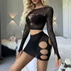 Sexy Negro Huecos Lencería Sexy Exportación Europea y Americana Faldas de Cadera para Mujer Malla Jacquard Transparente K252