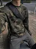 Estilo preguiçoso, inspirado em vintage, design de bolso exclusivo, camiseta de manga comprida em malha waffle, unissex, top casual de caimento solto, adequado para primavera e outono, pode ser usado como camada base