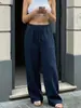 2026 Amazon Transfronterizo Wish Sitio Independiente Pantalones Casuales Rectos de Algodón y Lino Sueltos Color Sólido Cintura Elástica Bolsillo para Mujer