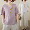 2025 Nuevo Algodón y Lino Artístico Manga Corta Bordado con Toalla Estilo Étnico Camiseta Bordada de Verano Transpirable Holgada Top para Mamá